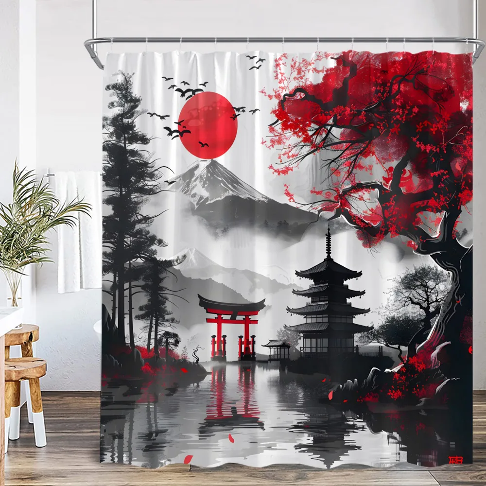 Samurai Geisha Japanischer Stil Tuschemalerei Duschvorhang Japan Schrein Rote Sonne Berg Fluss Rosa Kirschblüten Badvorhang
