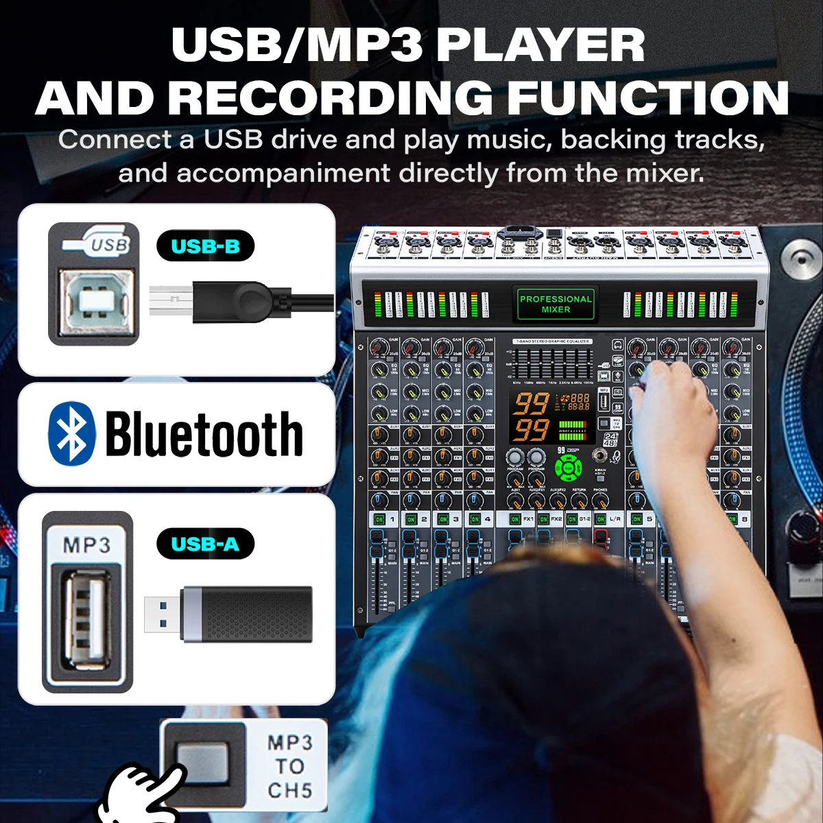 DGNOG 12-Channel Audio Mixer with 99 Dual-DSP Effects 7-Band EQ, Bluetooth USB and 48V Phantom Power Suitable for Studio/Karaoke