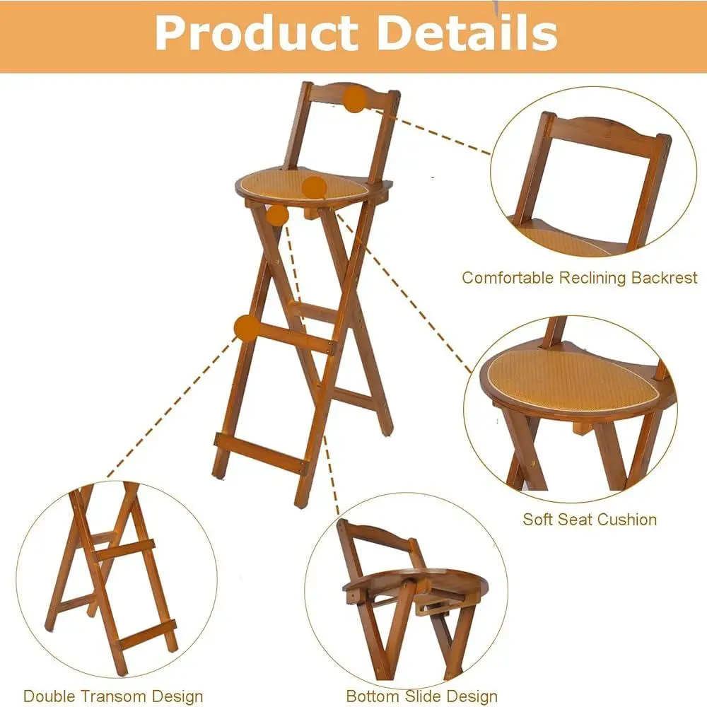 Portable Folding Bar Stool Bamboo Kitchen Counter Height Stool with Backrest Stable Design Space Saving Indoor Outdoor Use