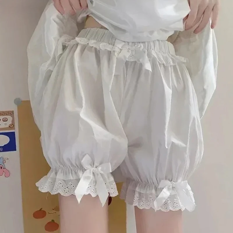 White Pumpkin Bloomers with Bow Lace Trim Shorts Women Ruffled Safety Short Underpants Lolita Coquette Teen-girl Pettipants