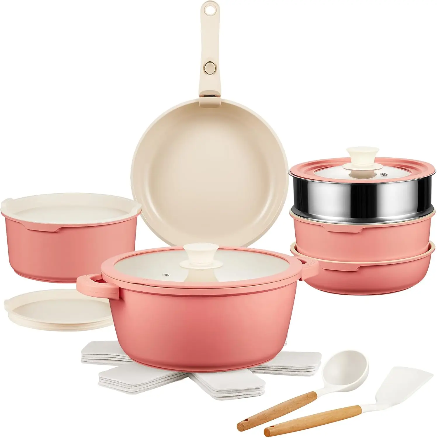 

Ceramic Pots and Pans Set Non Stick Pink, 20 Pcs Nonstick Cookware Set with Detachable Handle RV Camping Induction Kitchen Cookw