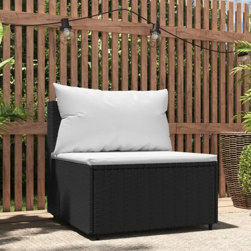 Patio Middle Sofa with Cushions Black Poly Rattan Patio Sofa  for patios, Decks, Balconies