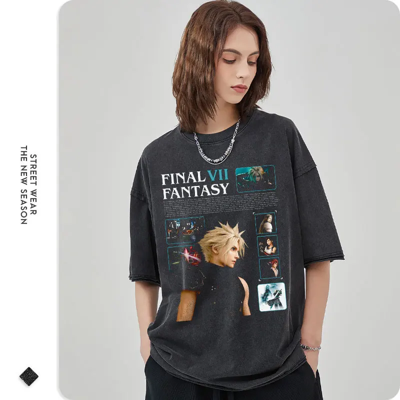 Cloud Strife T Shirt Hip Hop PC Game Final Fantasy Vii Vintage Washed Tops Tees Oversized Short Sleeve T-shirt  Man 100% Cotton