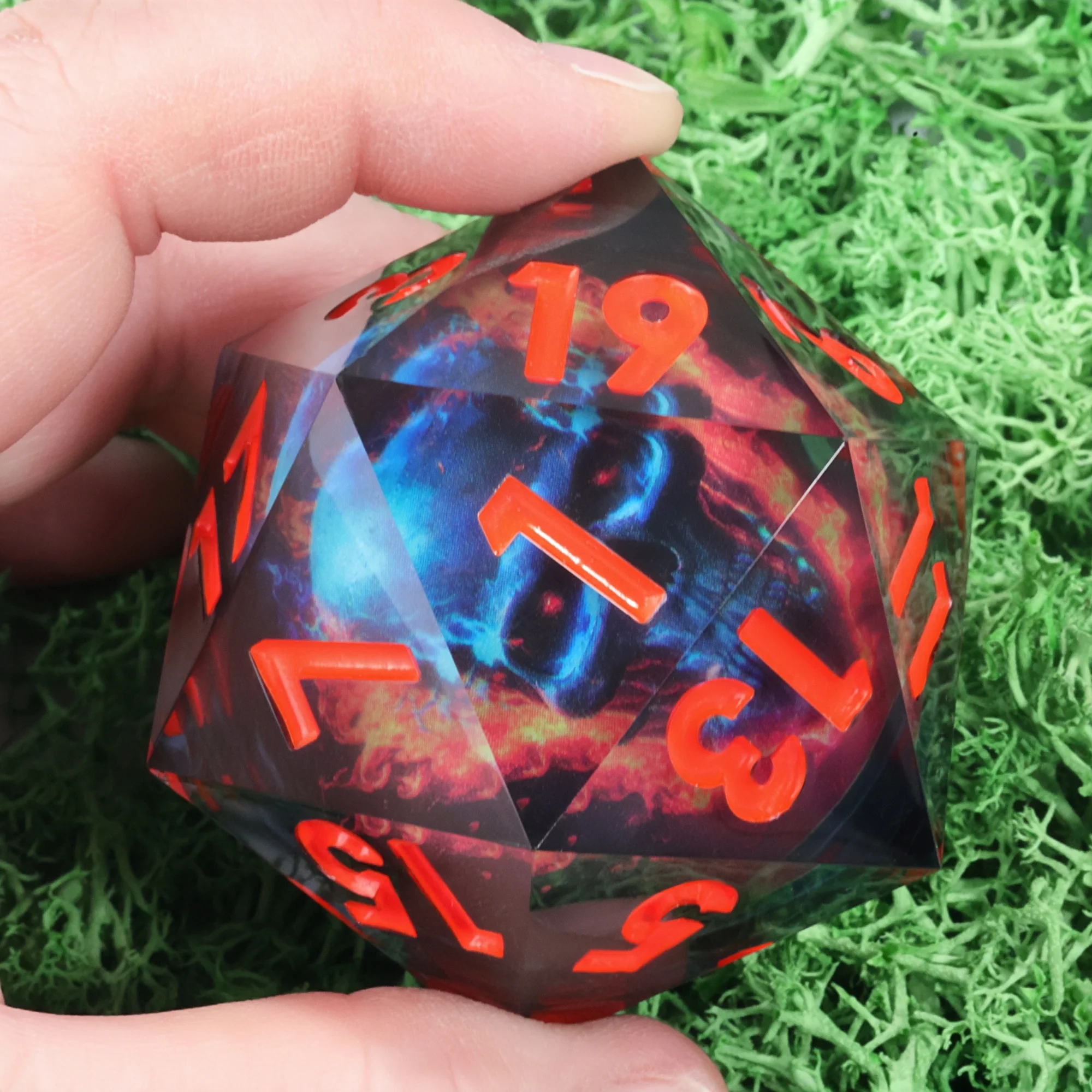 MINI PLANET Flame Skull Witch LED 50mm D20 Dice Huge Polyhedral Resin 20 Side Dice For RPG Board Game DND D20 Dice Sharp Edges