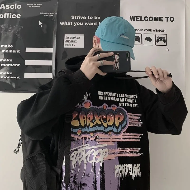 Harajuku Hip Hop Cartoon Graffiti Print Loose Versatile Long Sleeve Outdoor Sports Multiple Styles Spring and Autumn New Hoodie