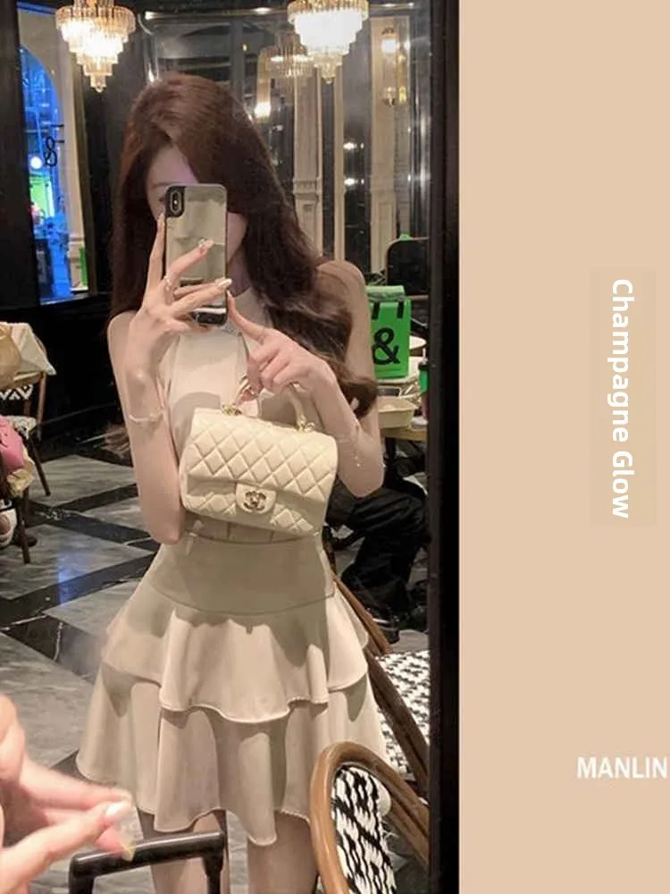 طقم تنورة صيفية رغبة نقية أنيقة حلوة وحارة، تنورة معلقة على شكل حرف O، طقم مكون من قطعتين