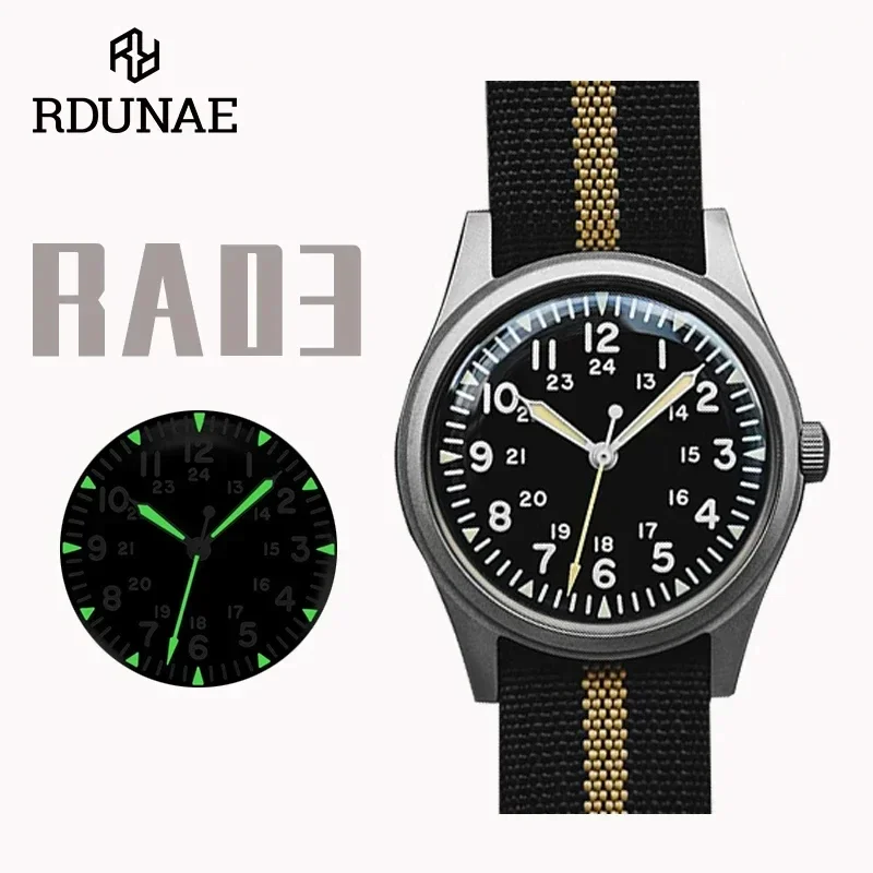 RDUNAE RA03 G10 34.5mm Retro Military Watch 316L Stainless Steel K1 Mineral Glass Luminous Sports Quartz Men Pilot Watch Men