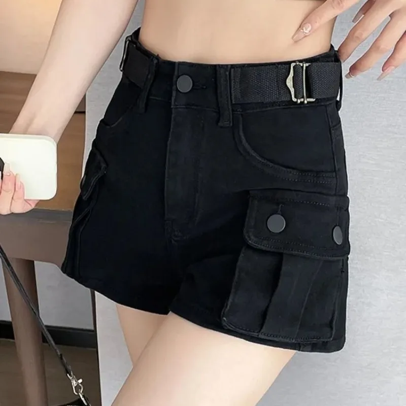 Pantaloncini cargo in denim kaki per donna Y2K 2025 Pantaloncini jeans vintage tascabili casual estivi Pantaloni corti in denim nero a vita alta femminile