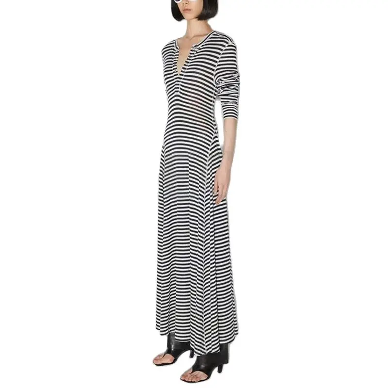 Striped Long Sleeve Dress, High Quality Silk Wool Women's Extra Long Dress, Fashionable and Sexy, Y2K, 2024 Summer New Style