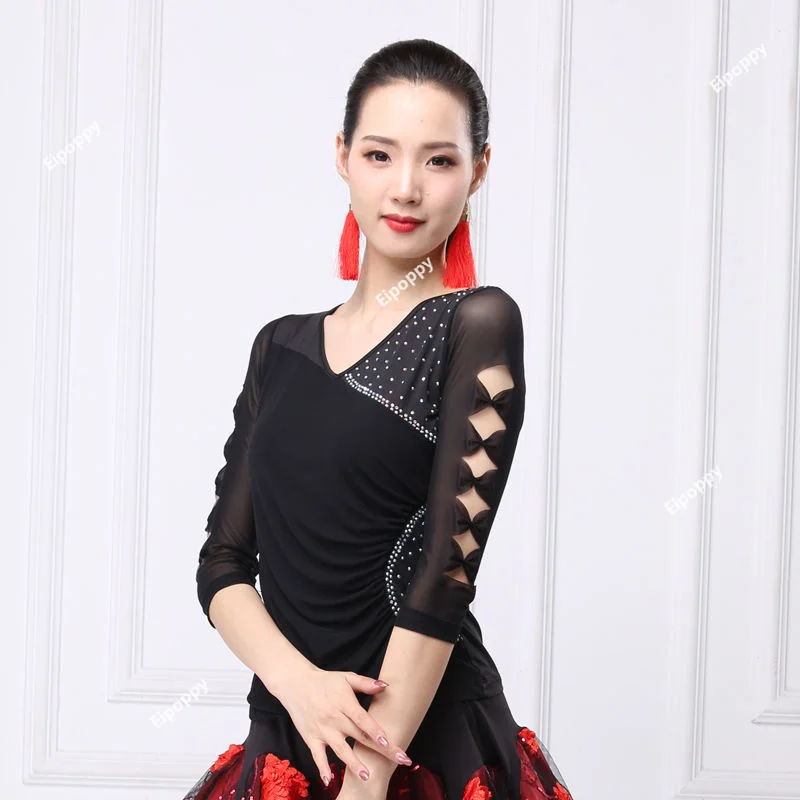 

Autumn Women Latin Dance Tops Fashion With Diamonds Lace Sleeves Adult Training Clothes Modern Ballroom Dancing Clothes