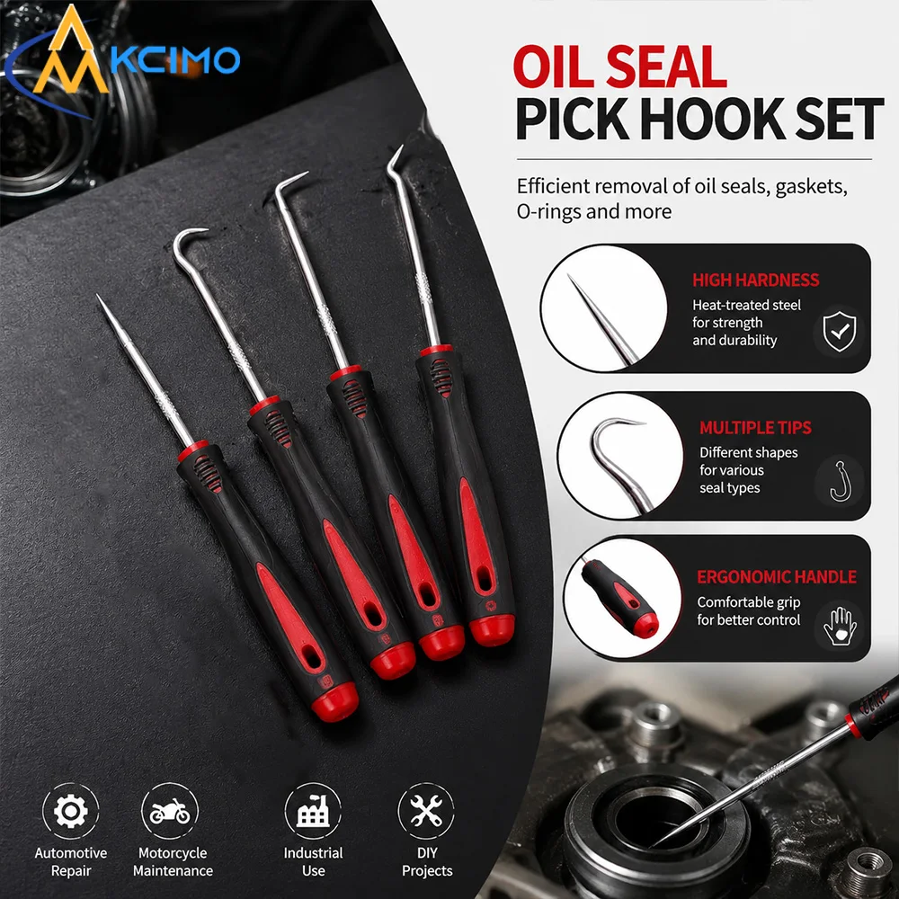 4Pcs Metal Oil Seal Puller Hook Pick Set, O-Ring Gasket Remover Screwdrivers, Auto Oil Seal Disassembly Repair Hand Tools
