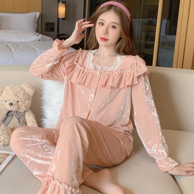 Autumn Women Pajamas Set Sweet White Ruffle Long Sleeve Trouser Suits Pyjama Pour Femme Loose Velour 2PCS Shirt&Pant Homewear