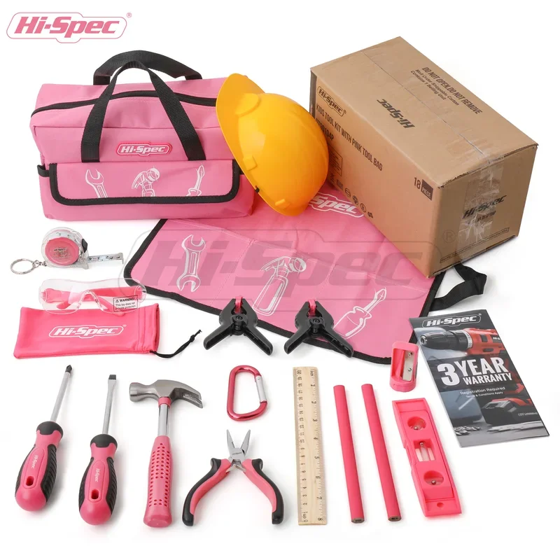 18pc Pink Kids Home DIY Tool Set Real Small-Sized Girls Household Tool Set Gift Hand Tools for Children with Tool Bag