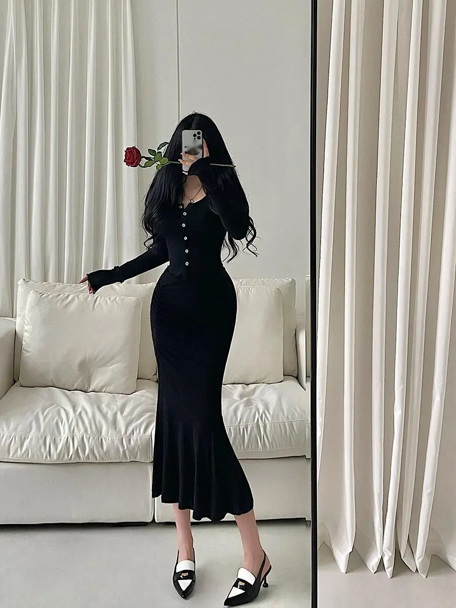 WOMENGAGA Sexy Long Sleeve Single Breasted Cardigan Tees T Shirt Top High Waist Pleated Slim Skirts Hip Fishtail Dress Set 7A9C