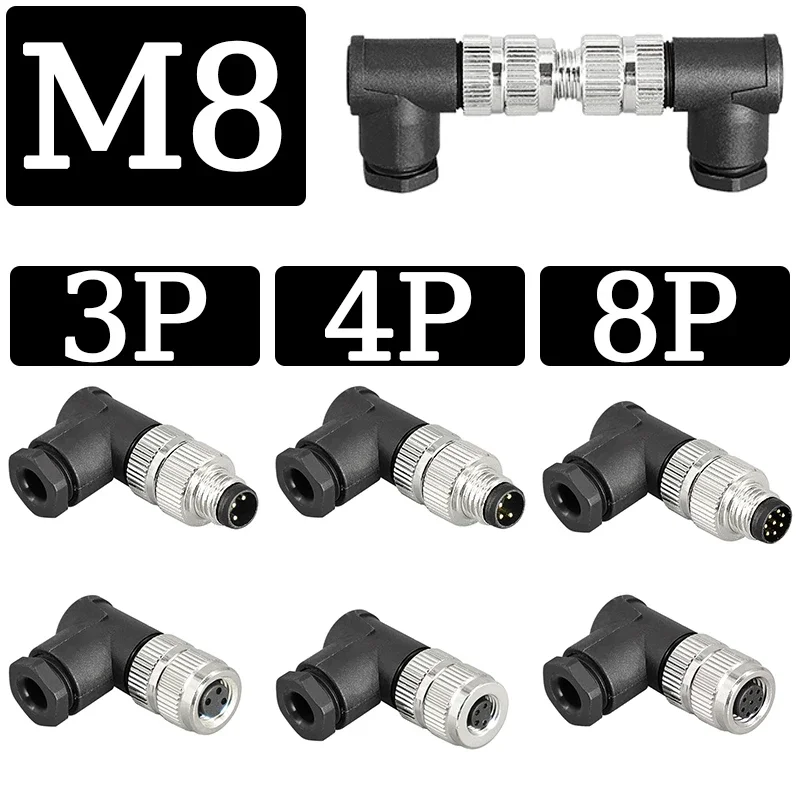 

5/20/100PCS M8 sensor elbow connector waterproof male&female plug screw threaded coupling 3PIN 4PIN 8PIN A type sensor connector