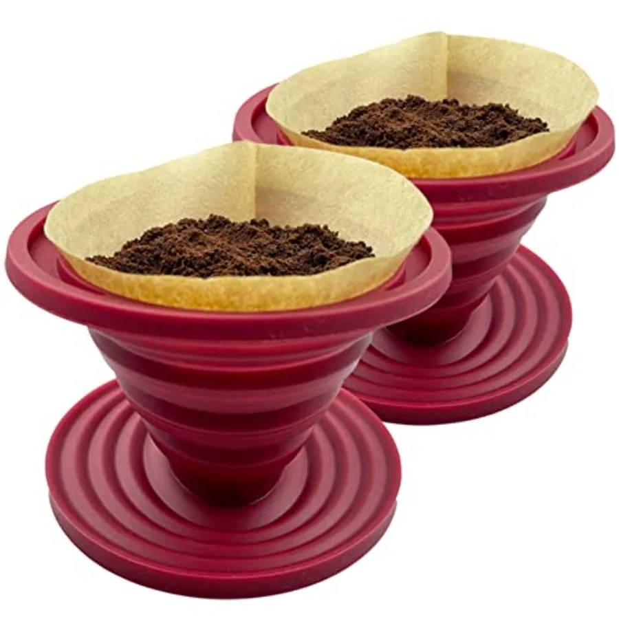 Collapsible Pour Over Coffee Dripper for Camping, 2-Pack, Red Reusable Silicone Filter Holder for Travel and Backpacking, Brews