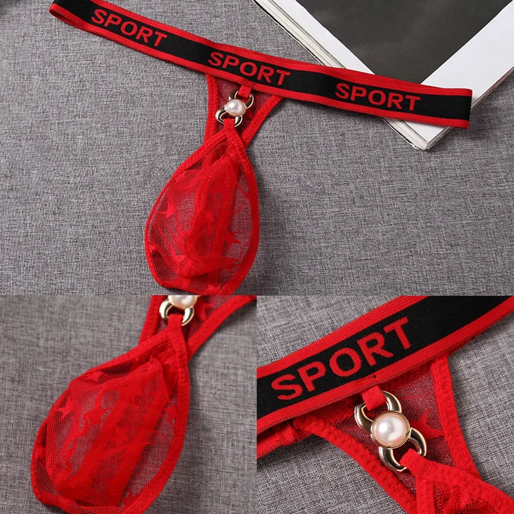 Sexy See Through Lace Mens Thongs T-Back G-strings Elastic Low Waist Breathable Panties Bulge Pouch Briefs Underwear