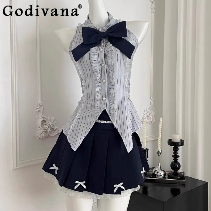 

Preppy Style Fashion Lolita 2-piece Set Women Summer Ruffle Bow Tie Top High Waist Short Skirt Suits Female Lace Outfits