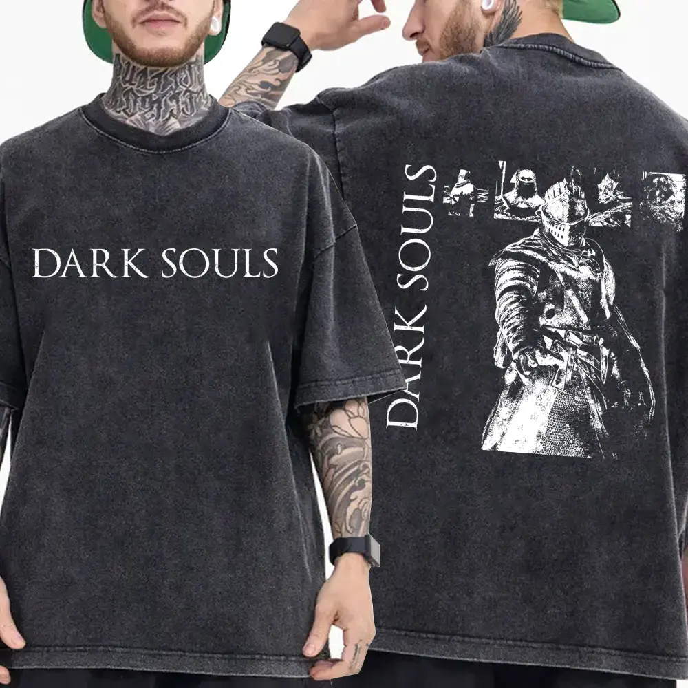 Washed Vintage Game Dark Souls Oscar of Astora T-shirt Men Women 90s Gothic Rock T-shirts High Quality Cotton Oversized T Shirts