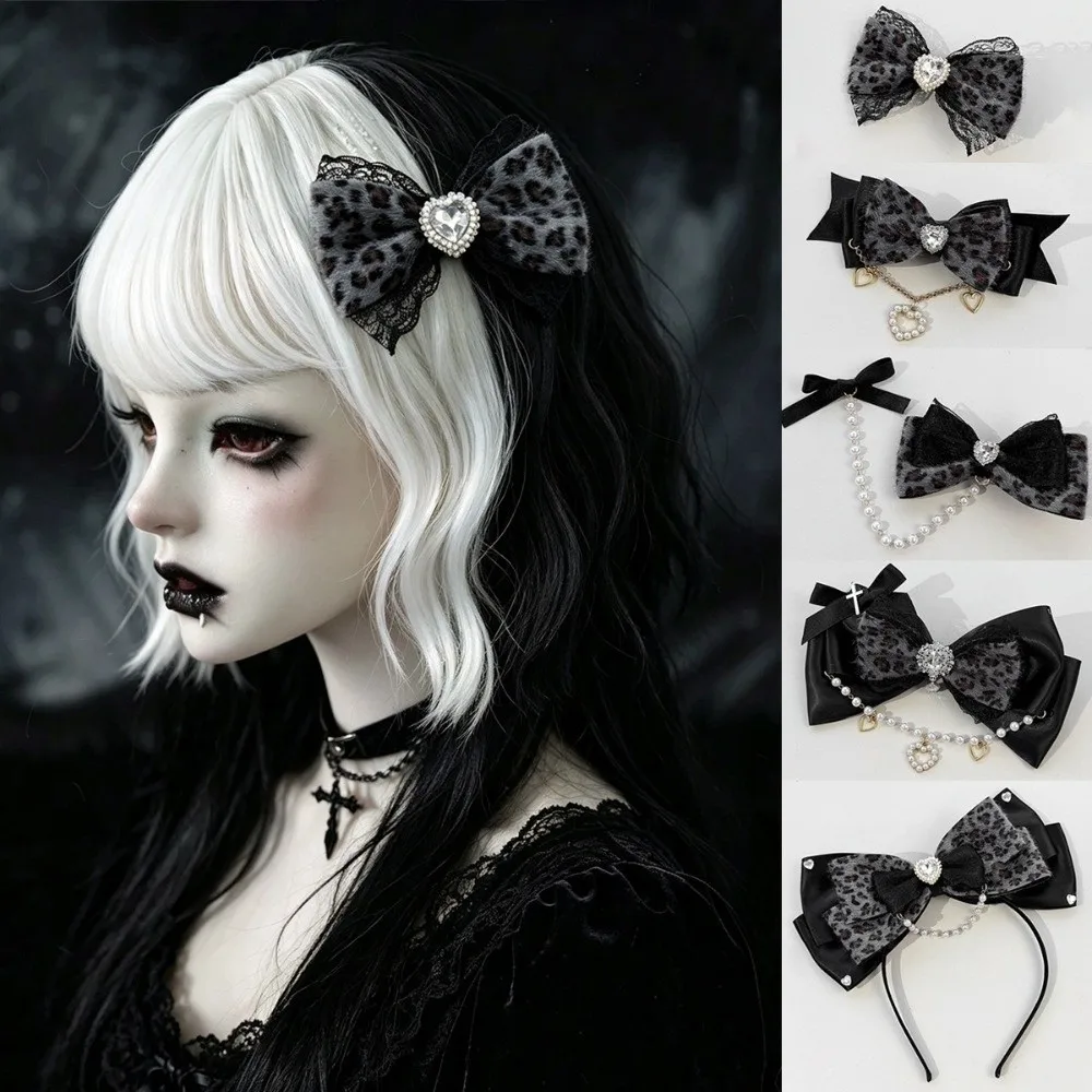 Leopard Lace Bow Hair Bands Pearl Chain Heart Pendant Hair Clips Handmade Subculture Hair Accessories