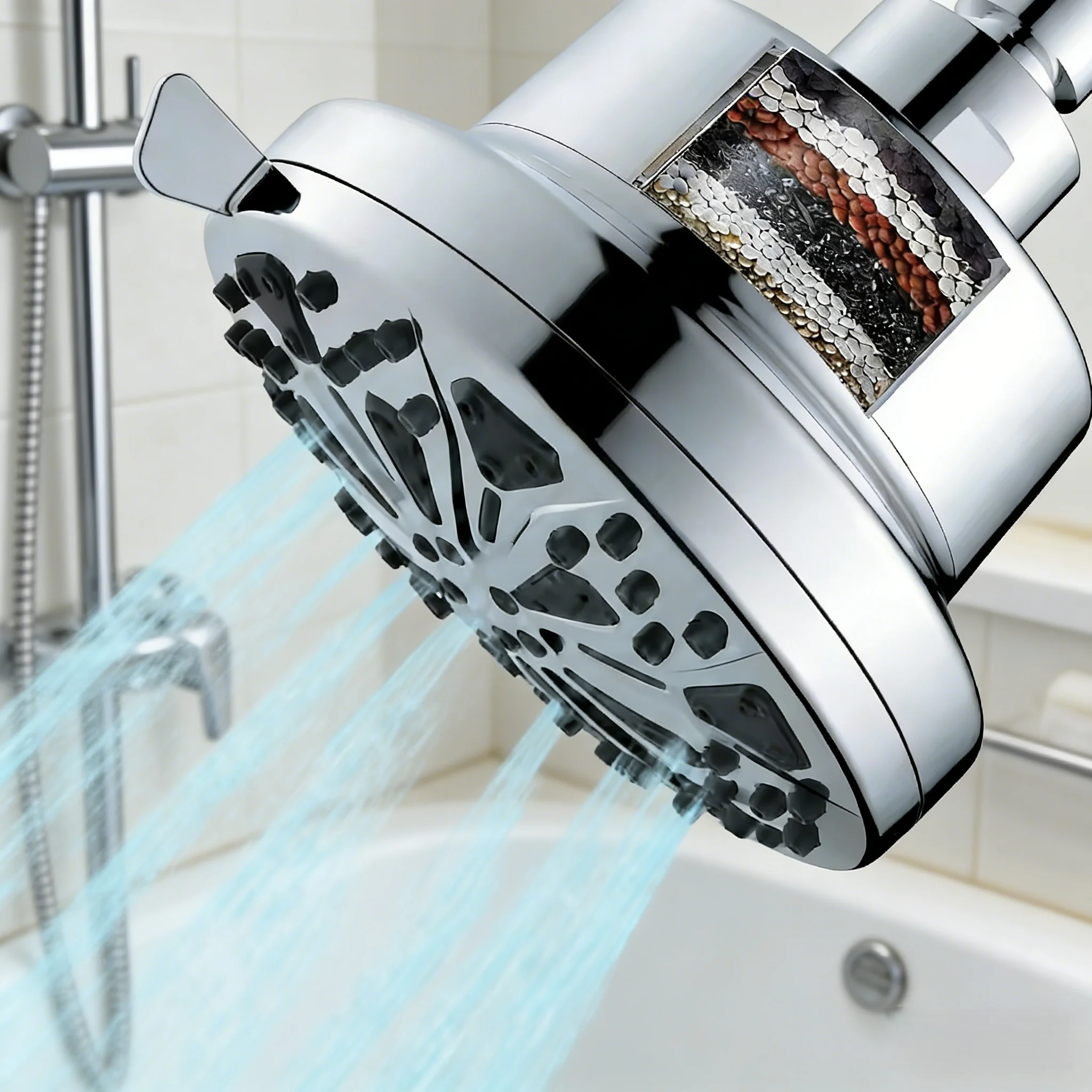 

Modern Single Spray Mode Chrome Finish Wall Mounting Shower Head Filter 2-in-1 With 8 Spray Modes