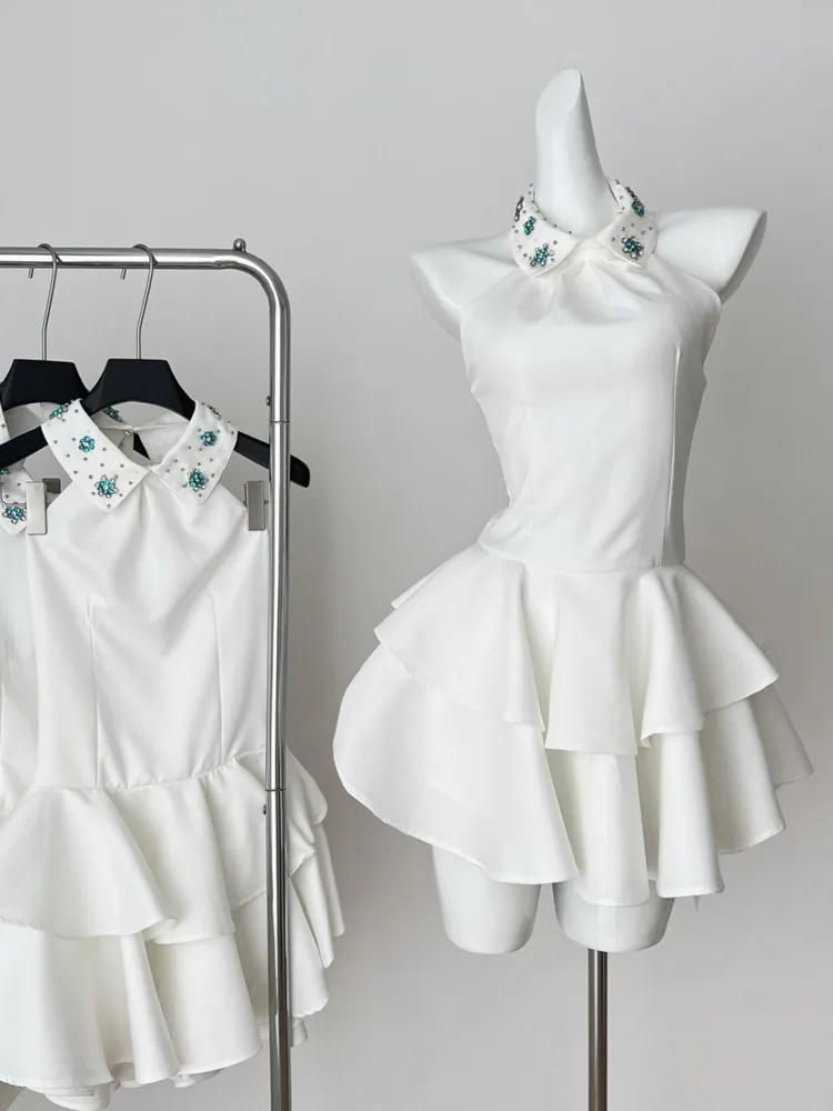 

Neck Embroidered Diamond Halter Neck Waist Short Dress Women 2025 Summer 2025 Chic Female New Gentle Style Halter Waist Skirts