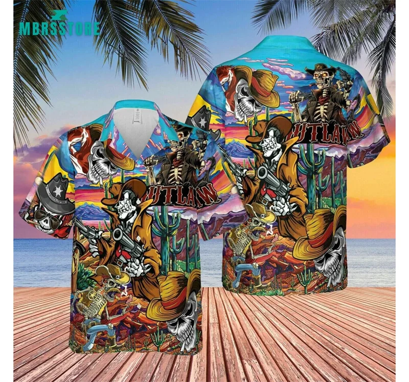 Funny Skull West Cowboy 3d Printed Shirts For Men Clothing Tropical Summer Boy Streetwear Laple Short Sleeve Blouses Vintage Top