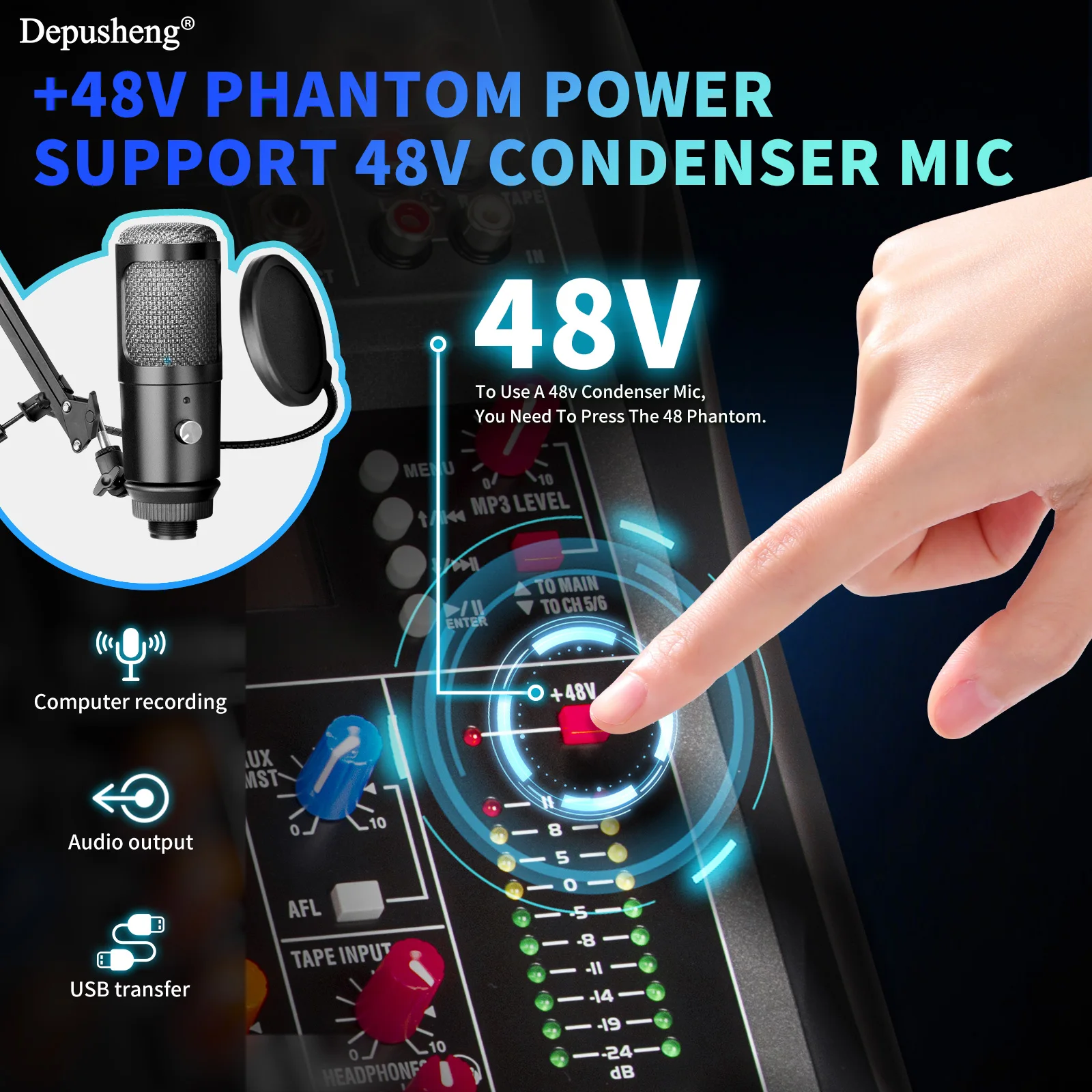 전문 오디오 믹서 Depusheng DX6 6 채널 사운드 보드 콘솔, Bluetooth USB PC 녹음 입력 48V 전원