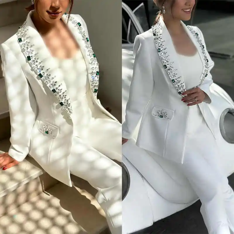 Fashionable Women Suits 2 Piece Blazer Pants One Button Shawl Lapel Beads Crystal Lady Banquet Birthday Party Customized