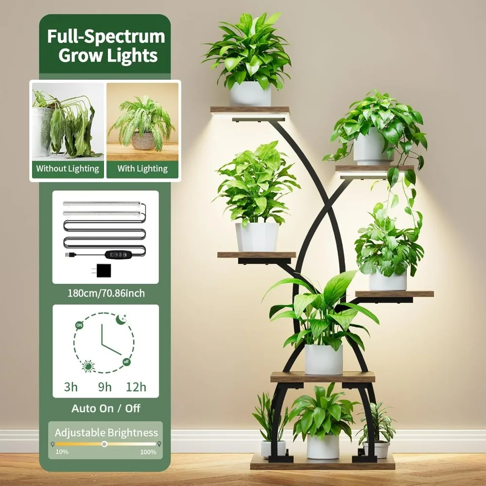 Plant Stand with Grow Lights, 6 Tiered Plant Shelf , 36“ Corner Shelves, Metal Curved Flower Holder Display Rack