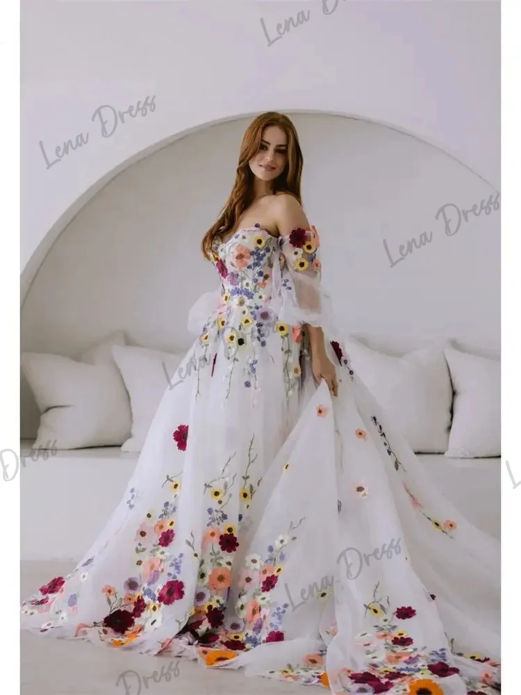 Lena Evening Gown White Elegant Luxury Evening Dress 2024 Line A Handmade Flowers Wedding Party Dress Es Lace Prom Dresses 2024