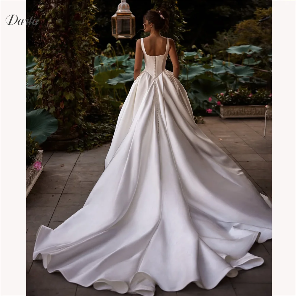 Darla Customized Square Neck Spaghetti Strap A-Line Wedding Dress Sweep Train Floor Length Sleeveless Ruffles Ruched Charming