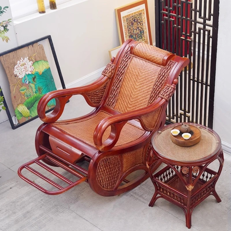 

Rattan chair rocking adult household natural real rattan lazy rocking lunch break elderly solid wood free recliner