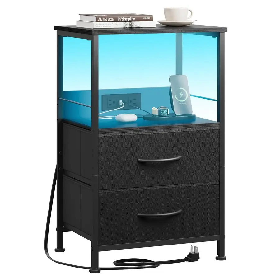 

Светодиодная прикроватная тумбочка с зарядной станцией, черная тумбочка с двумя тканевыми ящиками и полкой для хранения, прикроватная тумбочка для общежития, торцевой столик с