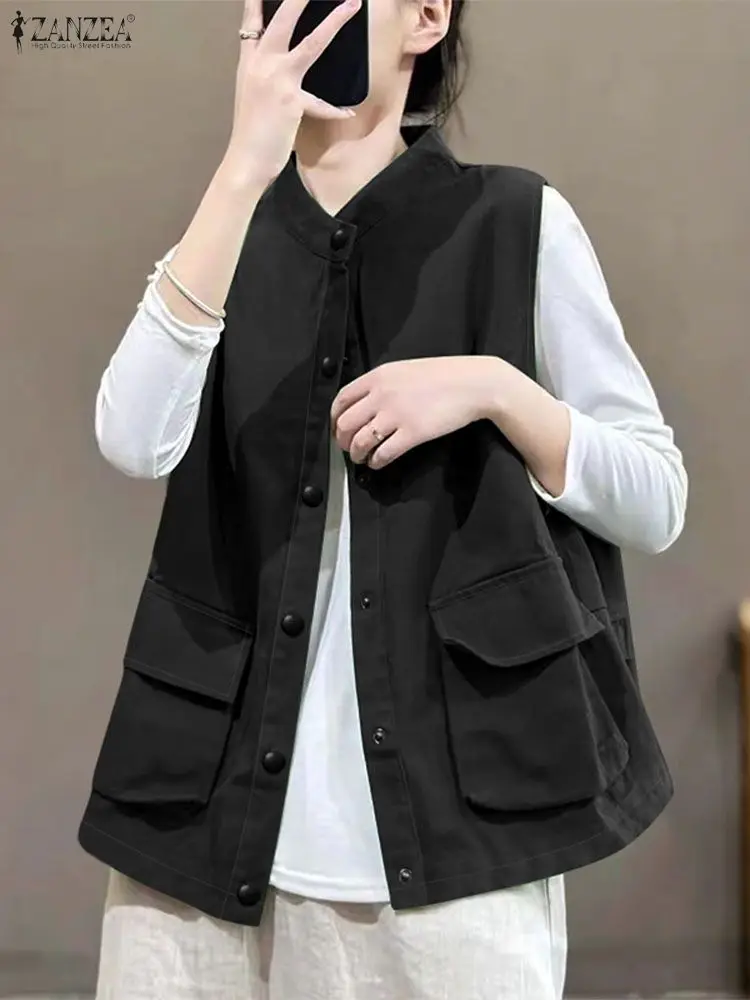 ZANZEA 2025 chalecos de gran tamaño para mujer Casual Color sólido cuello redondo abotonada bolsillos delanteros prendas de vestir exteriores sin mangas moda de otoño 3XL