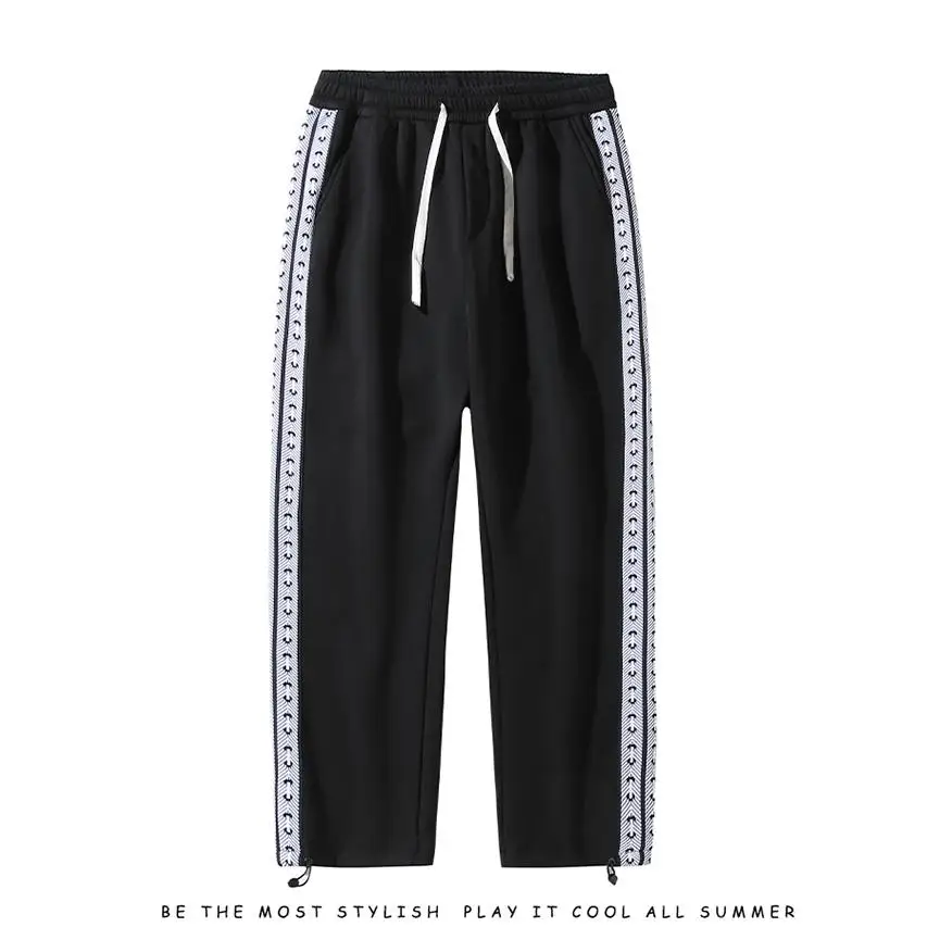 Men's Thiened Fce Lined Dstring Casual Pants American Sle Spor Trousers Autumn Winter Long Pants Trendy Bla