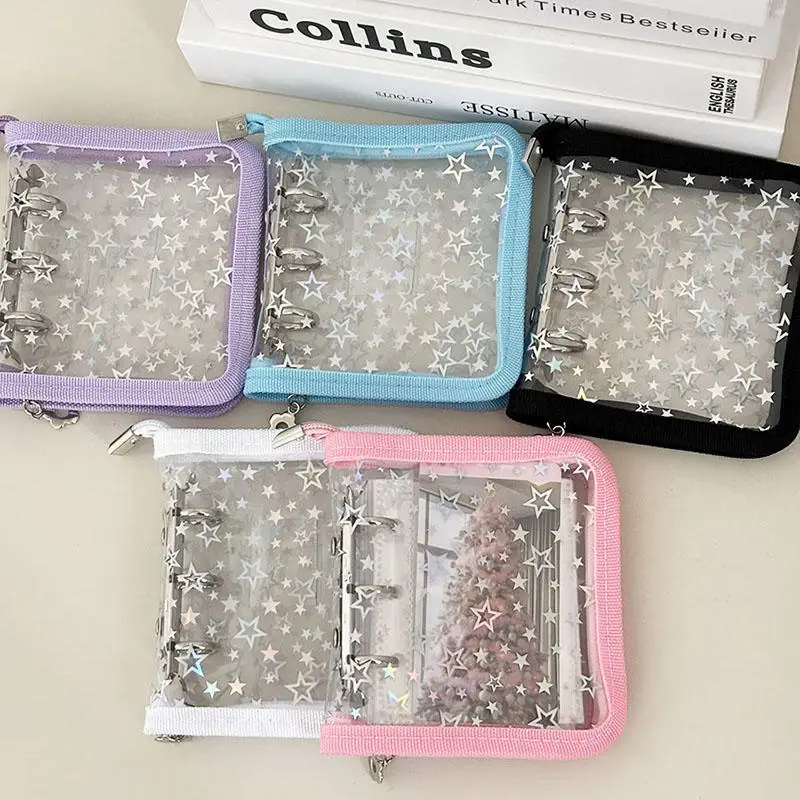 

Pretty Mini 3 Holes Laser Stars Binder Cover Metal Zipper DIY Collect Book 20pcs Sleeves For 3 Inch Postcards Idol Kpop Cards