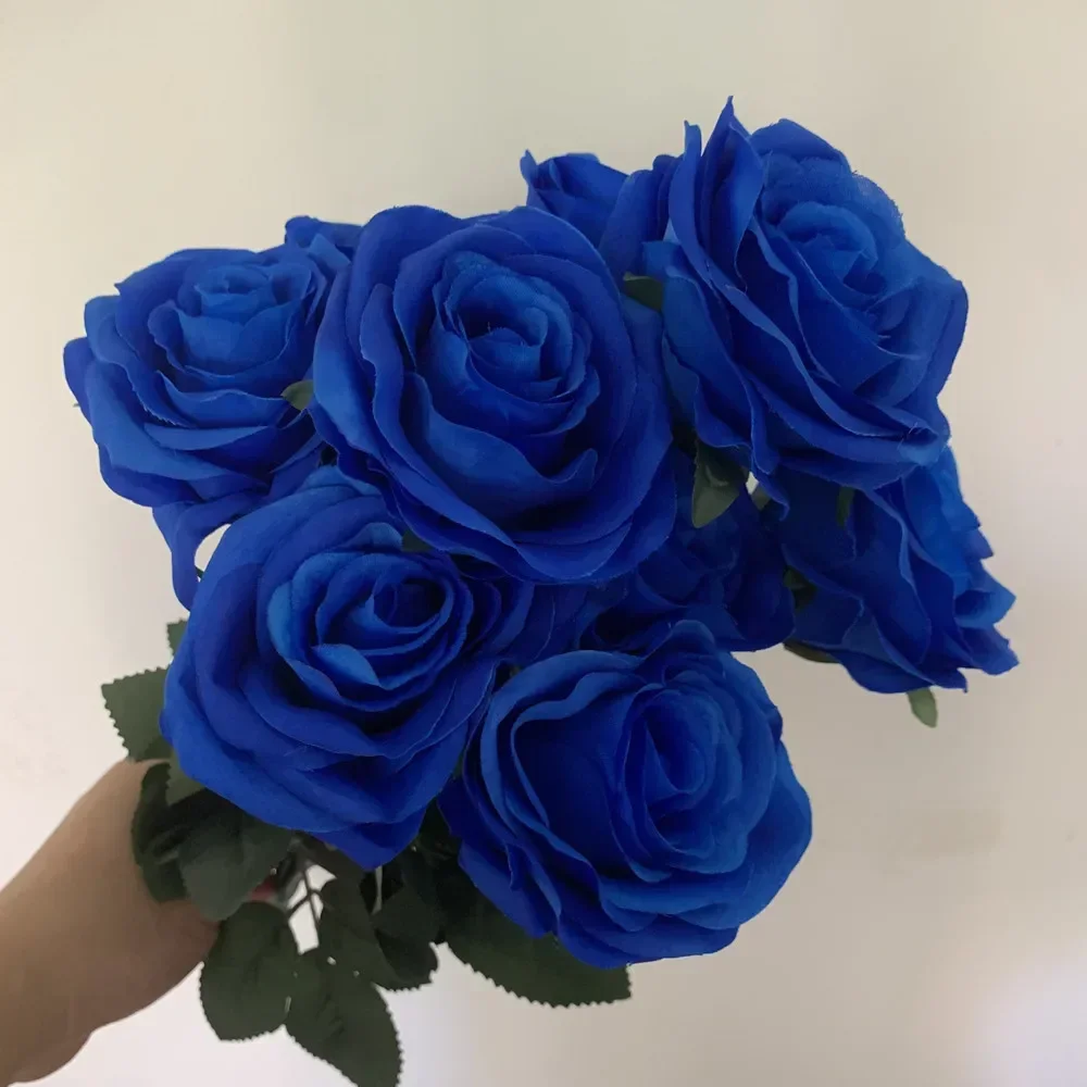 9Heads Roses Bouquet Artificial Flower light blue royal blue deep blue Rose Fake Rose Living Room  Decoration Wedding