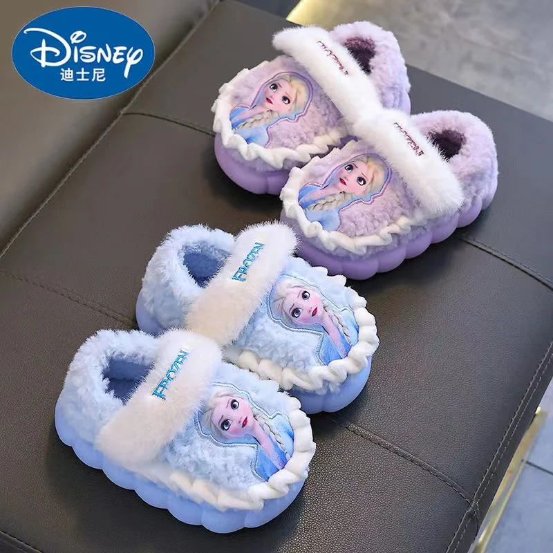 Disney Winter Children Cotton Slipper Girl Cartoon Princess Frozen Elsa Indoor Warmth Preservation Non slip Kid Plush Home Shoes