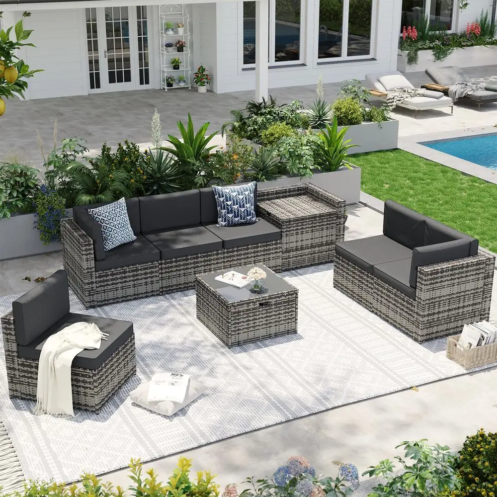 

8Piece Patio Furniture Set, Wicker Outdoor Sectional Sofa with Large Storage Table amp Waterproof Cover, Patio Conversation Set