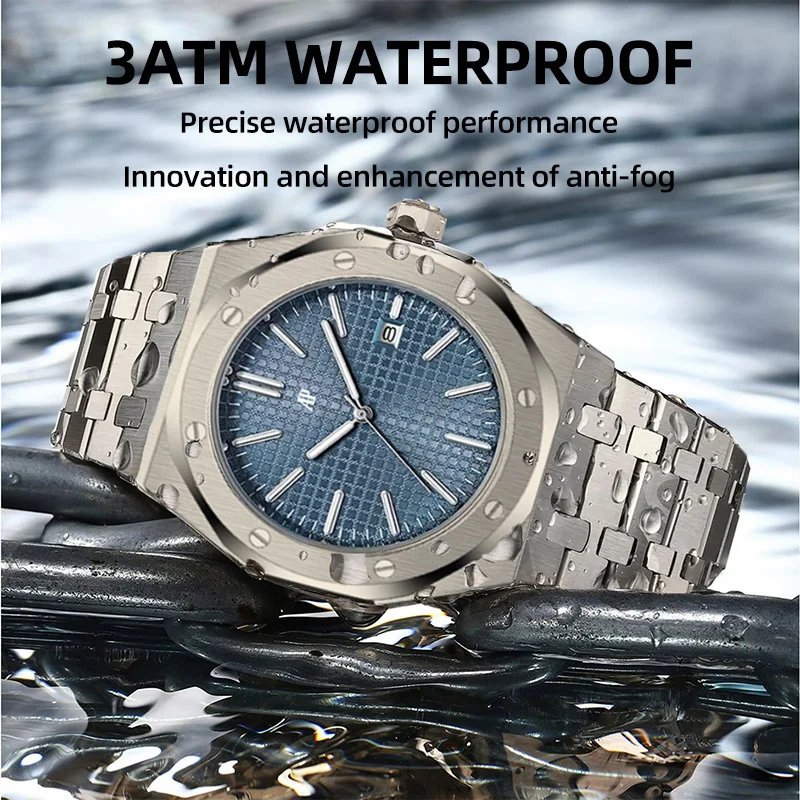 AP العلامة التجارية الكلاسيكية العصرية العلامة التجارية الرجال حساسية ساعة مقاوم للماء الفولاذ المقاوم للصدأ ساعة اليد مضيئة تاريخ ساعة زجاجية معدنية هدية