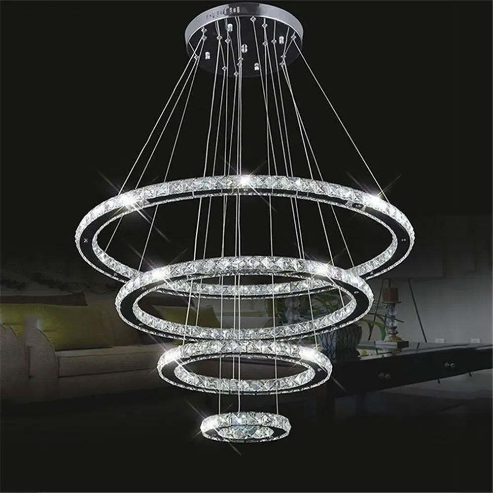 

Large Modern LED Chandeliers 98W 4 rings K9 Crystal ceiling hanging Fixture For living dinning room Ring lustre big Circle Lamp