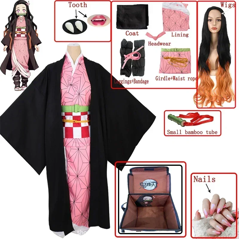 Anime Cosplay Costume Kimetsu No Yaiba Kamado Nezuko Pink Fake Nail Artwork Halloween Character Prop