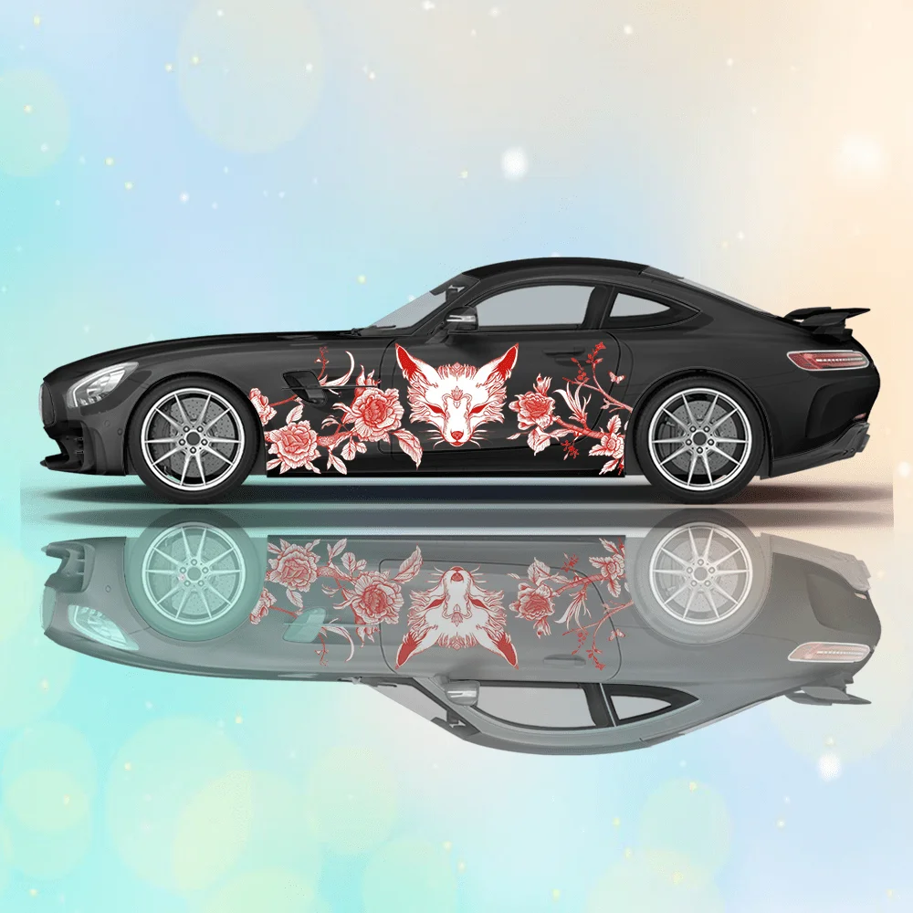 Red and Black Line Fox Mask Car Vinyl Wraps Decal Self-adhesive PVC Sticker Suitable for Trucks SUV Decoration Auto Accessories