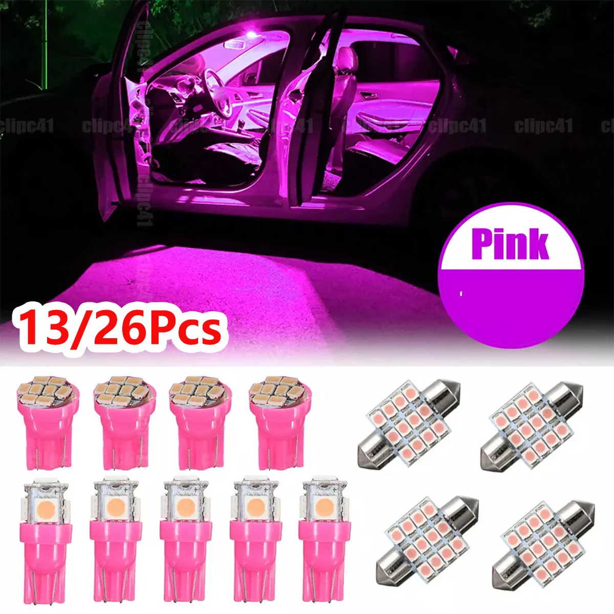 13/26Pcs Purple Pink Car LED Lights Interior Package Kit Dome License Plate Lamps Bulbs Lighting License Map Light Accessories