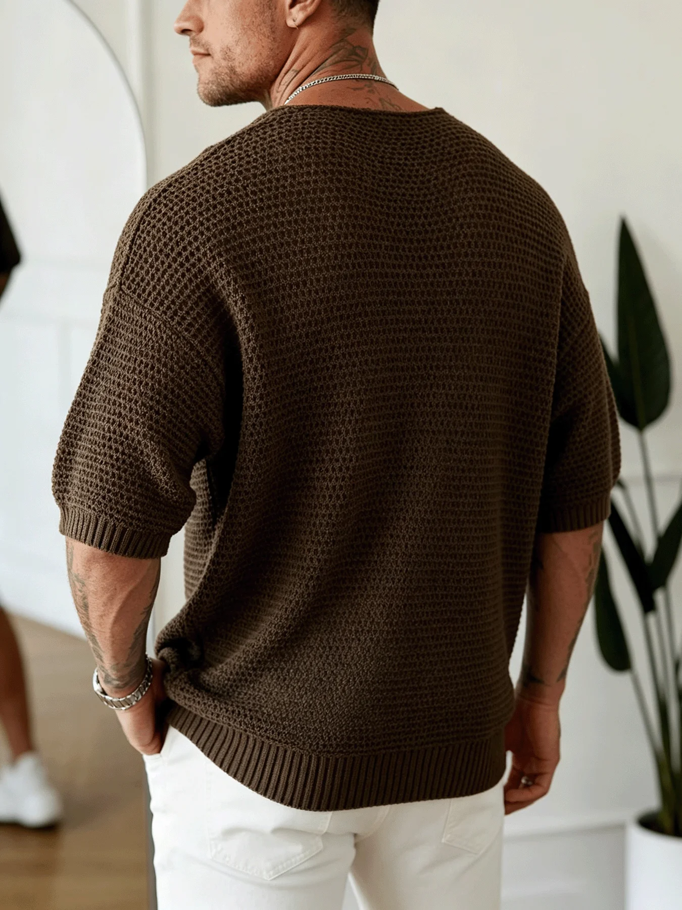 Men's Hollow Out Knit T-shirt Casual Short Sleeve Crew Neck Tee Loose Fit Textured Pullover Tops Streetwear