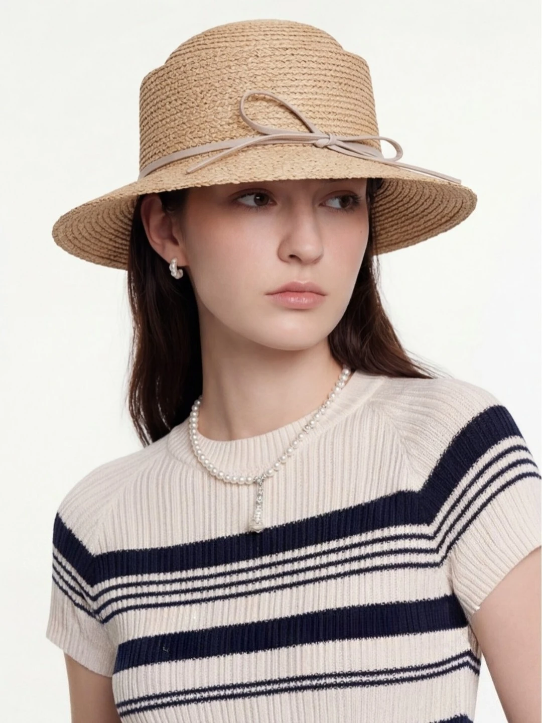 French Style Structured Raffia Hat Women Elegant Straw Sun Hat with Leather Bow Minimalist Summer Cap