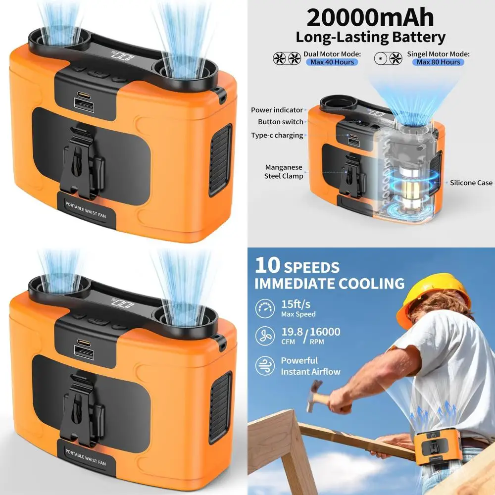 

Портативный поясной вентилятор 20000 мАч с клипсой, перезаряжаемая батарея, 40 часов работы, 10 скоростей, 16000 об/мин для активного отдыха на природе