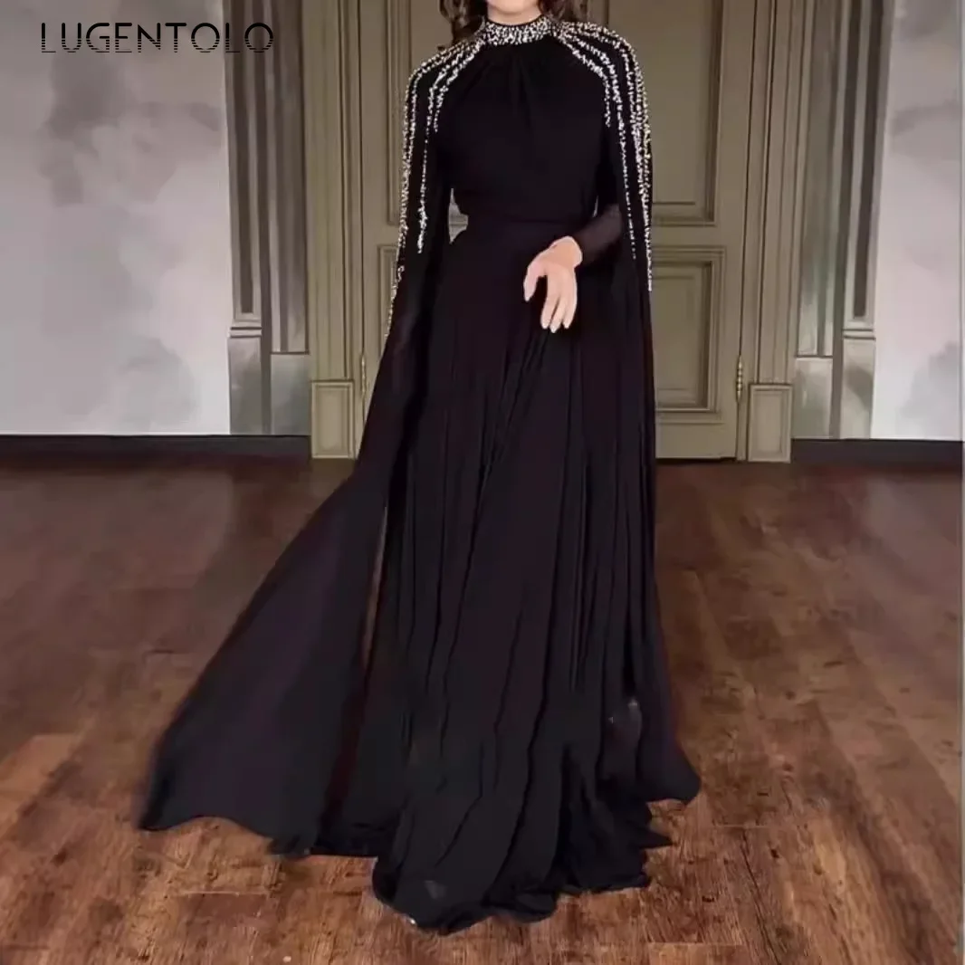 Frauen Robe Kleid Heiße Bohrer Lange Schal Ärmeln Chiffon Party Nahen Osten Große Schaukel Dame Elegante Bankett Neue Maxi Kleidung