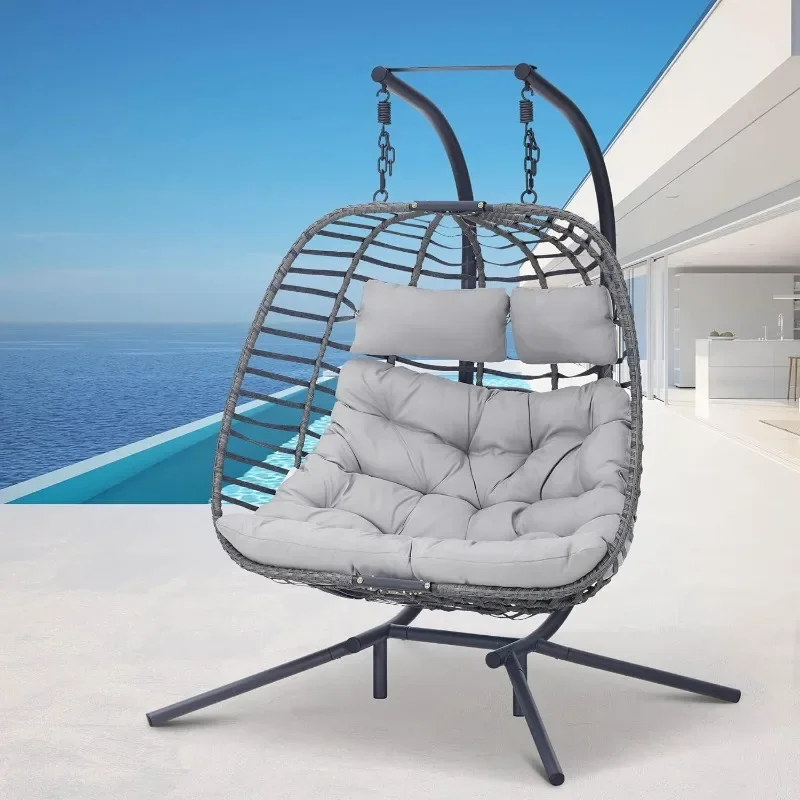 2 Person Hanging Egg Chair with Stand for Outdoor, Patio Hand Made Rattan Wicker Double Egg Swing Chairs Hammock Chair